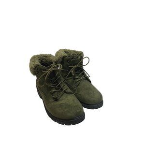 Womens Modern Rebel Olive Faux Suede Ankle Boots With Faux Fur Lining & Lace-Up